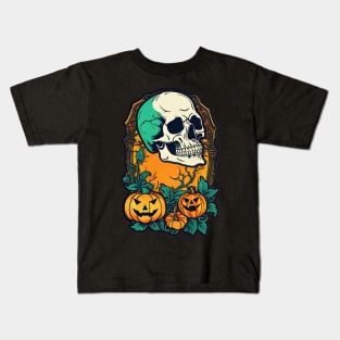 Retro Day-Glo Halloween Skull and Pumpkins Kids T-Shirt